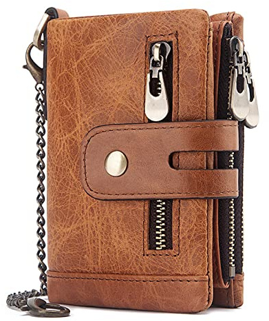 HUMERPAUL Leather Mens Wallet with Chain RFID Small Coin Purses for Women | RFID Blocking , Genuine Leather, Snap Closure , Detachable Anti-Theft Chain, Dual Zipper Coin Pockets & ID Window