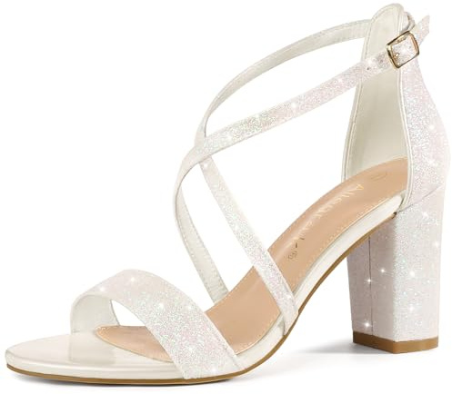 Allegra K Femmes Sandales Talons Blocs Sangles Entrecroisées Scintillantes blanche 39