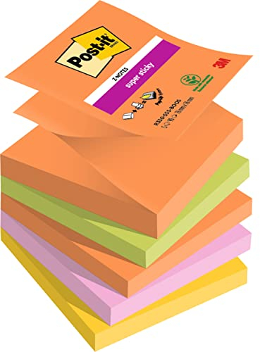 Post-it Super Sticky Z-Notes, Packung mit 5 Blöcken, 90 Blatt pro Block, 76 mm x 76 mm, Orange, Grün, Pink, Gelb - Extra-stark klebende Notizzettel für Notizen, To-Do-Listen, Erinnerungen