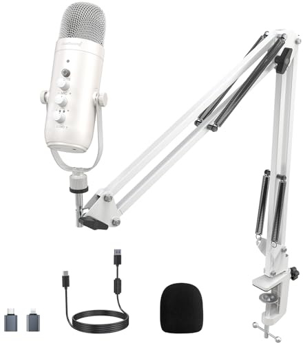ZealSound Gaming Microphone for PC, USB Podcast Microphone with Noise Reduction, Mute & Gain Control, Zero-Latency Monitoring, Echo Control, Boom Arm, for Mac, iPhone, Stream, YouTube, TikTok (White)