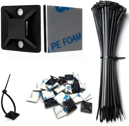 Strong Back-Glue Self Adhesive Cable Zip Tie Mounts Kit - 100 Set Cable Management Clips with 6 Zip Ties, Wire Holders - Outdoor Sticky Wire Organizer Clips-Black