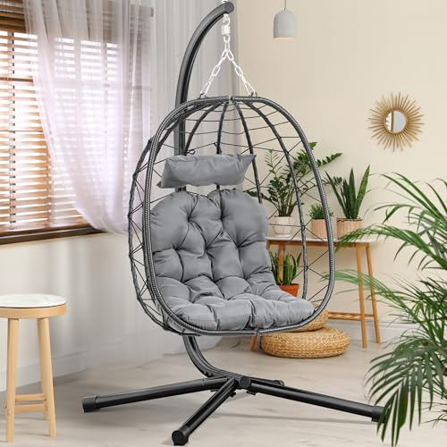 YITAHOME Fauteuil Oeuf sur Pied, Charge Max. 150 kg, Fauteuil Suspendu en Rotin avec Coussin et Support, 195x120x108 cm, Fauteuil Oeuf pour l'intérieur et l'extérieur, Chaise Gris & Coussin Gris
