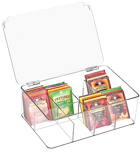 DearCal Tea Storage Boxes- Plastic Transparent Tea box with 8 compartments - Tea Bag Holder Kitchen Organizers for Tea Bags,Sugar, Coffee Pods