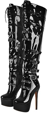 blingqueen Damen Plateau Overknee Stiefel Punk Boots Stilettos High Heels mit Nieten Schnallen Lack Schwarz 42 EU