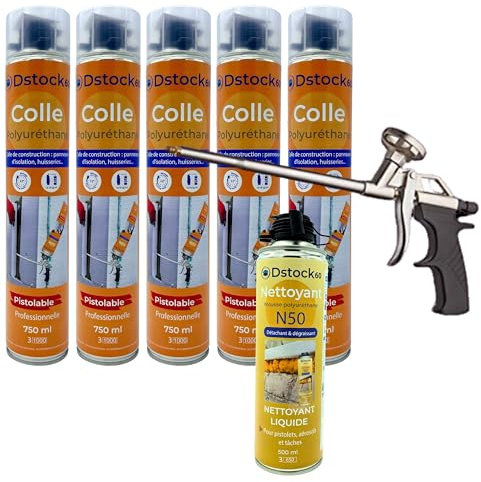 DSTOCK60 - Lot de 5 colles de montage polyuréthane + 1 pistolet + 1 nettoyant mousse - Mousse polyuréthane faiblement expansive pour le collage des panneaux isolants, rouleaux de bitume, huisseries