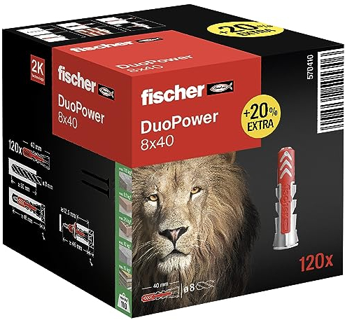 fischer DuoPower 8 x 40 in der attraktiven Löwen-Aktionsbox, Universaldübel, leistungsstarker 2-Komponenten-Dübel zur Befestigung in Beton, Ziegeln, Stein, uvm., mit 20% mehr Inhalt, 120 Stück