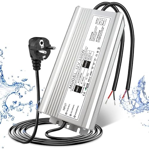Transformador LED 12V 350W IP67, transformador exterior impermeable con enchufe, fuente de alimentación LED de 230V a 12V DC, adaptador driver LED para tiras, lámparas y proyectores.