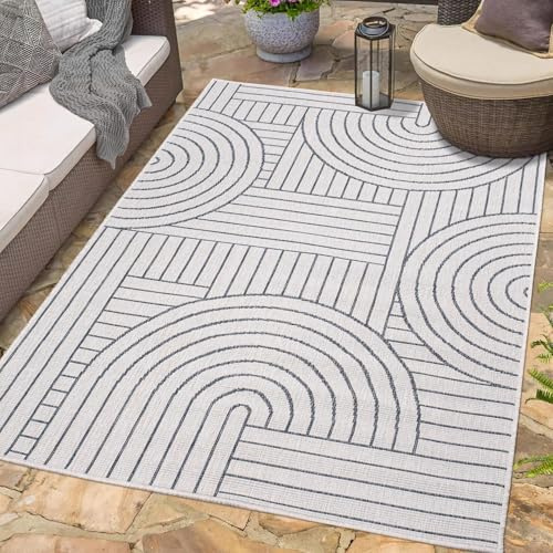 carpet city Outdoor Teppich Wetterfest 200x290 cm - Creme-Grau - Wendeteppich, Beidseitiges Geometrisches Muster - Balkonteppich Wasserfest Outdoor - Terrassenteppich