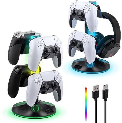 Tolesum RGB Porta Cuffie Gaming, Supporto Cuffie Scrivania,Porta Joystick Con 9 modalità di luce und 2 porte USB Type-C per Accessori Stanza PS5 PS4 Xbox PC