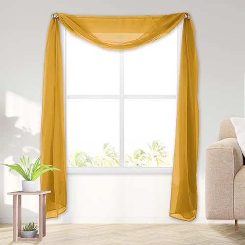 Elegant Comfort Lightweight Sheer Voile Window Scarf Valance - 216 Inch Long - 1 Panel Sheer Curtain for Living Room, Event Decor, Bedroom, (1 Piece) 55 X 216'' Long, Gold