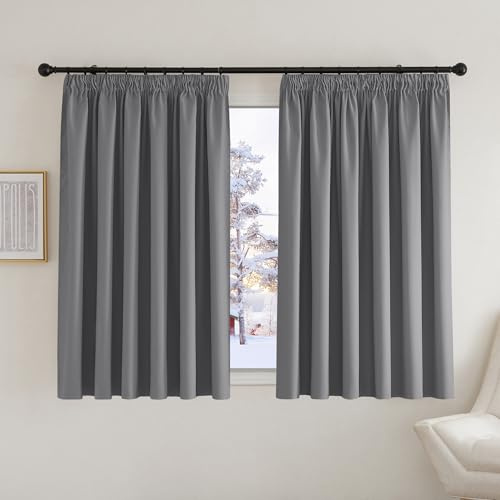 PONY DANCE Blackout Pencil Pleat Curtains, Grey, W90 x L54 Inch, 2 Panels | Thermal Insulated Curtains with Noise Reducing & Privacy, Luxury Soft Window Treatment for Bedroom & Living Room