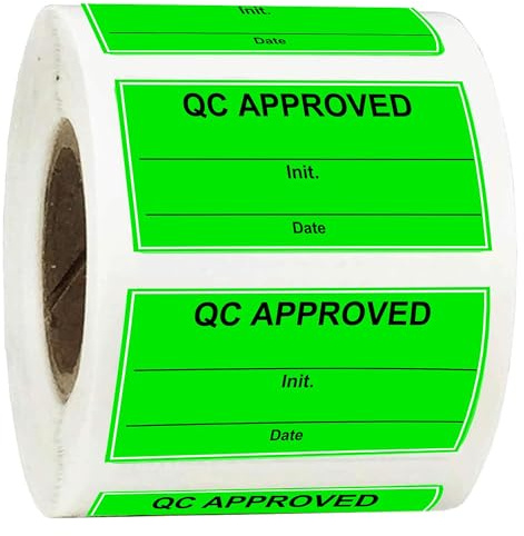 Lot de 500 étiquettes d'approbation QC - 5,1 x 2,5 cm - Étiquettes vertes fluorescentes pour entrepôt, inventaire, palettes, contrôle qualité, lignes de montage, fabrication