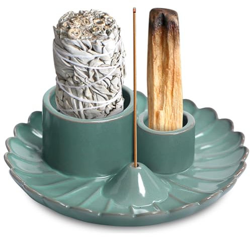 4 In 1 Räucherstäbchenhalter, Räucherschale Für Jedes Räucherwerk, Palo Santo Halter, Keramik-Räucherstäbchenhalter, Räucherstäbchen Halter, Weißer Salbei Zum Räuchern (grünes Modell)