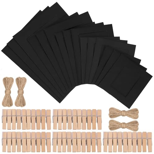GLARKS 105 cornici in cartone da 76,2/101,6/127/152,4/177,8 mm, colore nero fai da te, cornice in carta con clip e corde per decorazione da parete per casa, scuola, feste, ufficio