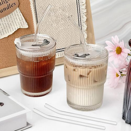 Juego de Vaso de Vidrio con Tapa y Pajitas, Vaso Acanalados, 2pcs 400ml Vasos de Cristal Agua, Diseño de Rayas de Cristal,Apilables Vasos Cafe, para Cocktail, Cerveza, Batidos, Whisky