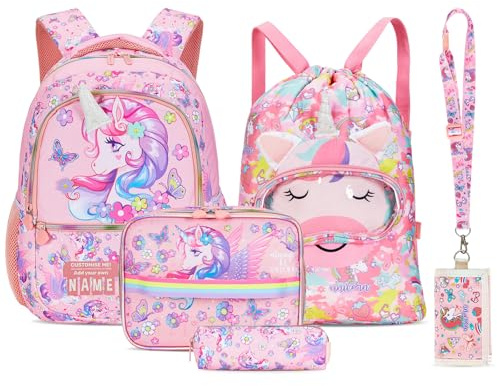 Amythe Schulranzen Mädchen 1.-3. Klasse, Set 5-teilig Kinderrucksack Grundschule Leicht, Cartoon-Design Mode Ranzen Schultaschen-Sets für Kinder, Rosa
