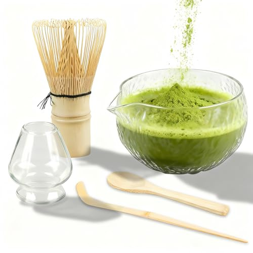 Ensemble de 5 pièces pour matcha - Chasen - Cuillère - Bol en verre avec bec verseur, porte-balai et cuillère à café - Fouet à matcha - Kit de cérémonie du thé japonais pour débutants - Verre