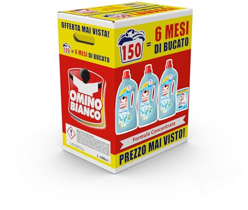 Omino Bianco - Detersivo Lavatrice Liquido, 150 Lavaggi, Rispetta Colori e Tessuti, Fresco Profumo con Essenza di Muschio Bianco, 2000 ml x 3 + Campione di Additivo Lavatrice Igienizzante Idrocaps