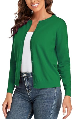 CUNYI Cardigan de Punto para Mujer Rebeca Cuello Redondo Clásico Manga Larga Chaqueta de Mujer con Botones Abrigo Elegante, Verde XL
