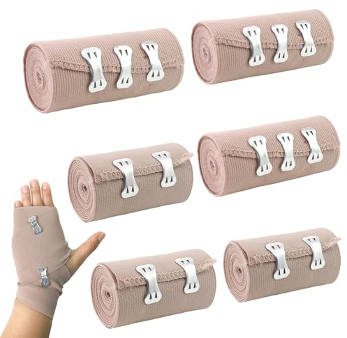 6 stycken elastiskt bandage, kompressionsbindor med metallklämmor, elastiskt förband, återanvändbar bandage, elastiskt medicinskt fixeringsbandage för handleder knä fotled (7,5/10 cm)