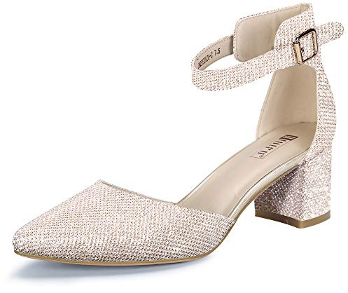 IDIFU Women's IN2 Pedazo Dress Shoes Low Block Heels Comfortable Chunky Closed Toe Ankle Strap Wedding Pumps(Gold Glitter, 8.5 B(M) US)
