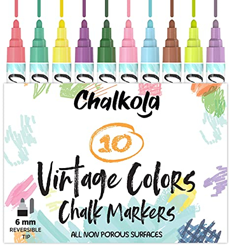 Chalkola Liquid Chalk Pens for Blackboard, Chalkboard, Whiteboard, Window, Labels, Glass, Board - (10 Vintage Colours) Wipeable Paint Chalk Markers, Washable Ink, 6mm Reversible Bullet & Chisel Tip