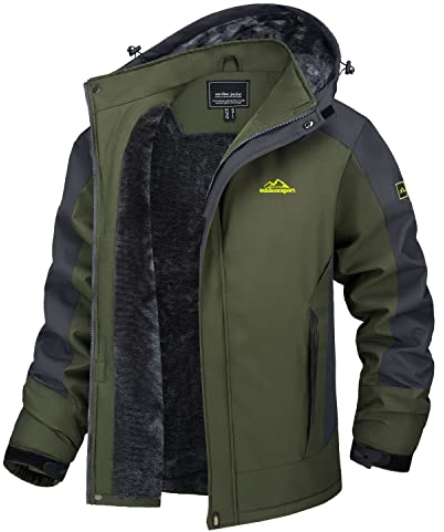 TACVASEN Winter Jacket for Men - Waterproof Fleece Coat for Fishing, Hunting, Outdoor Skiing, Trekking, Climbing - Warm Windproof Snow Jacket in Army Green