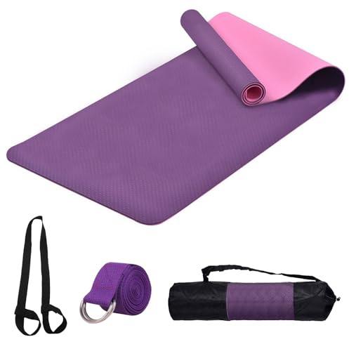 Esterilla Deporte Yoga Pilates Fitness Colchoneta TPE Gimnasia Antideslizante Esterilla yoga con líneas 183x61cm con Funda (Morado)