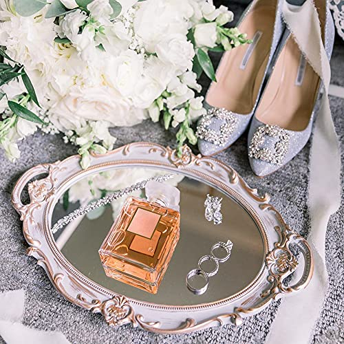 Tray Mirror, Perfume Tray Mirror Vanity Tray Dresser Tray Ornate Tray Metal Decorative Tray Plastic Vintage Border Tray Jewelry Perfume Organizer Makeup Tray for Vanity, Dresser, Bathroom, Bedroom