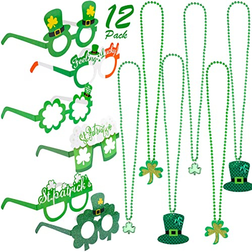 Qpout 12 Stück St. Patrick's Day Kostümzubehör, 6 Kleeblatt-Hut-Halskette, 6 St.Patrick's Day Papier-Brillengestell, für Kinder Frauen Männer St.Patrick's Day Kostümdekoration