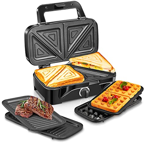 1200W Sandwichmaker 3 IN 1, 5-Gang-Temperaturregelung Waffeleisen Sandwichtoaster Kontaktgrill mit Antihaftbeschichtung für einfache Reinigung ohne Anbrennen, LED-Leuchten, Edelstahl/Schwarz