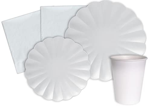 Ciao-Kit Table Fête Party Flower Shape 8 personnes (44 pcs: assiettes, gobelets, serviettes) en papier compostable, blanc Vaisselle papel eco-friendly, Uni, AZ112