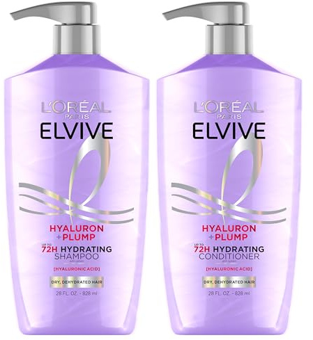 L'Oreal Paris Elvive Hyaluron Plump Shampoo and Conditioner Set for Dehydrated, Dry Hair with Hyaluronic Acid Care Complex, 1 Kit (2 Products)