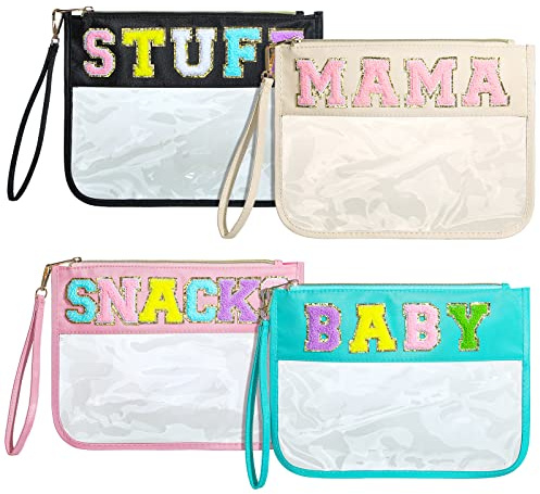 Buryeah 4 Pcs Chenille Letter Pouch Flat Nylon Clear Snack Bags Flat Multipurpose Zipper Makeup Bag for Travel Toiletry Bag Water-proof Cosmetic Pouch for Women(Simple Style)