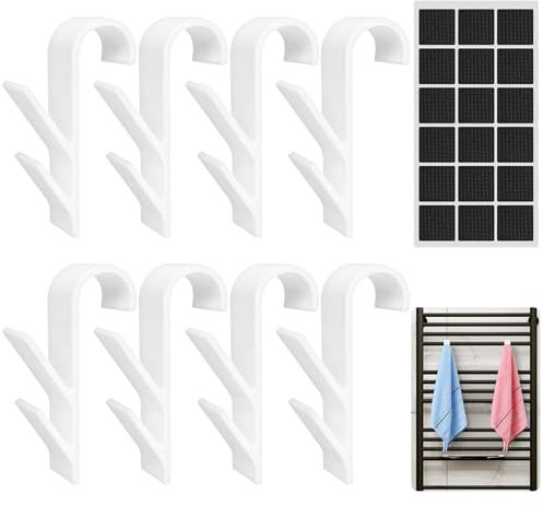VEPEPE 8 Pcs Crochet Radiateur Seche Serviette de Rond avec Mobile et Fixe, Crochet Serviette Salle de Bain Blanc, Patere Seche Plastiques, pour Tous les Radiateurs Standard