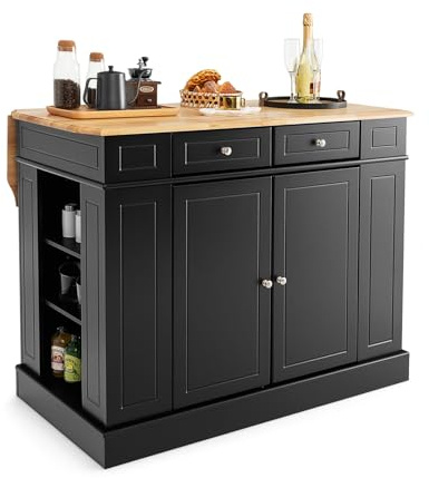 COSTWAY Kücheninsel mit erweiterbarer Arbeitsplatte, Küchenschrank mit Schubladen, Seitenregalen und 2 Ebenen Staufach, Holz, 120 x 91 x 92 cm (Schwarz)