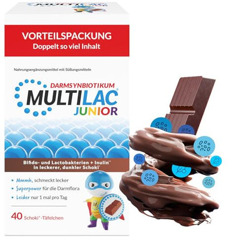 MULTILAC DARMSYNBIOTIKUM Junior mit 40 Schoki-Täfelchen. Enthält ausgewählte Bifido- und Lactobakterien mit Inulin und 1 Mrd. Bakterien. Zuckerfrei, glutenfrei, laktosefrei. Nur 1x täglich.