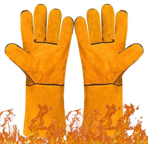 FOSDICK 1 Paio Guanti Barbecue, 33cm Guanti da Forno Resistenza al Calore Fino, Guanti da saldatore, Guanti da Forno, Accessori BBQ per Griglia, Camino, Cottura al Forno, Cucina