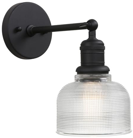 Yosoan Boho Indoor Vintage Wall Sconce with Striped Bowl Shade, 1-Light Modern Vanity Industrial Single Wall Mounted Hardwired Texture Glass Shade for Living Room Bedroom Fireplace Hallway(Black)