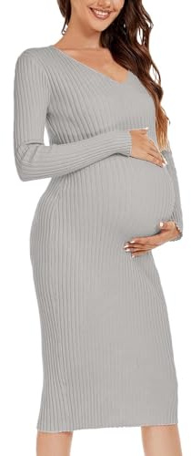 Foweknow Vestido de maternidad para mujer, manga larga, cuello en V, punto elástico, jersey para embarazadas, vestido de Navidad, vestido de graduación, vestido de maternidad, vestido de invierno,