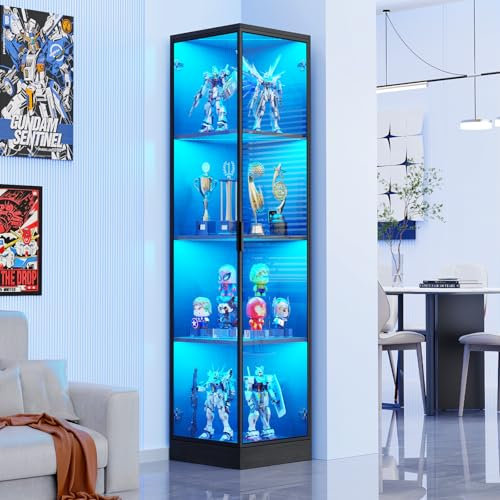 BROTTAR Vitrine mit LED Beleuchtung, Acryl Vitrine mit Menschlicher Sensor, Regal mit türen für Sammlervitrine Und Wohnzimmer Schlafzimmer, Eckschrank Schwarz