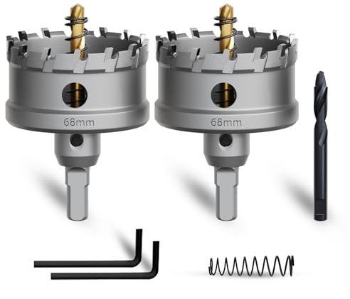 METOTY Lot de 2 scies cloches en métal, 68 mm, en carbure de tungstène, avec un foret de guidage nitré supplémentaire gratuit et une clé en L, pour acier, fer, aluminium, métal