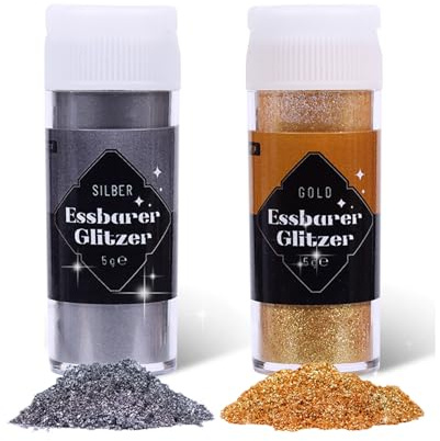 Paillettes Comestibles Colorant Alimentaire Poudre 2 Couleurs, Decoration Gateau Comestible pour Fondant, Macaron, Paillette Alimentaire pour Cocktail, Luster Dust Or Argent et Or- 5 g