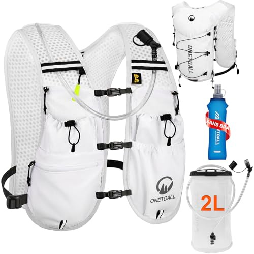 ONETOALL Chaleco Running Hombre Mujer, Running Vest, Ligero Chaleco para Correr, Mochila Hidratacion Trail Bolsilloso con Bolsa Agua 2L y Botella 500ml, Silbato y Reflectante para Ciclismo Senderismo
