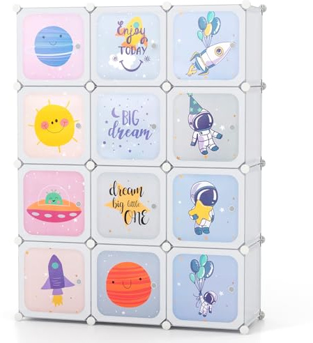 COSTWAY Meuble Rangement Enfants 12 Cubes avec Motif de Cosmique, Armoire Modulable Enfants avec Cadre Métallique, Charge 2,5kg pour Vêtements Chaussures Jouets, 107 x 36 x 142 CM