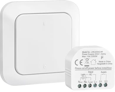 SURAIELEC Wireless Light Switch Kit, 10A/2300W Wireless Light Switch and Receiver Set, Wall Controller and Receiver，No Wiring Needed, 30M Range, CE & ROHS Certified for Home Office