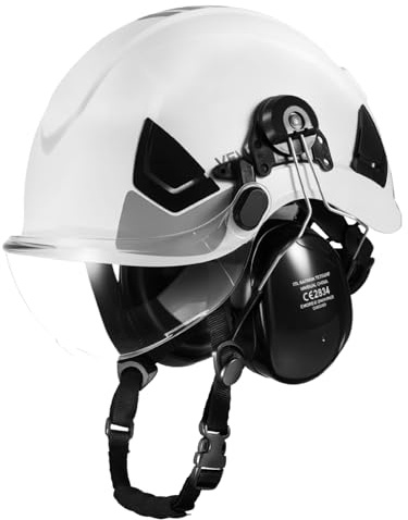 VEVOR Schutzhelm ANSI/ISEA Z89.1-zugelassener ABS-Sicherheitshelm mit Visier & Ohrenschützern, Verstellbarer Industriehelm belüfteter Bauhelm Arbeitshelm für Industriebau Arbeitskleidung Weiß