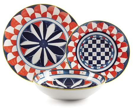 Excelsa Sciacca Service de vaisselle en porcelaine, 18 pièces, style sicilien, décoration méditerranéenne