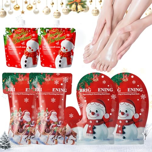 6PCS Fussmaske, Handmaske und Erdbeere Handcreme Weihnachten - Feuchtigkeit Weihnachten Fußpflege Handpflege - Hornhaut Socken Handschuhe Für Sehr Trockene Hände Füße - Weihnachtsgeschenke Für Familie