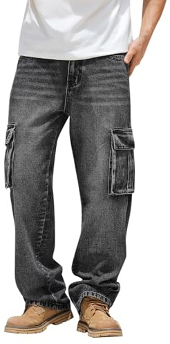 Generiska jeansbyxor herr baggy: Denim byxor med många fickor jeans överdimensionerade jeans ventilerande slip-on byxor lätta fritidsbyxor slitstarka utomhusbyxor klassiska bekväma stretchjeans, GRÅ
